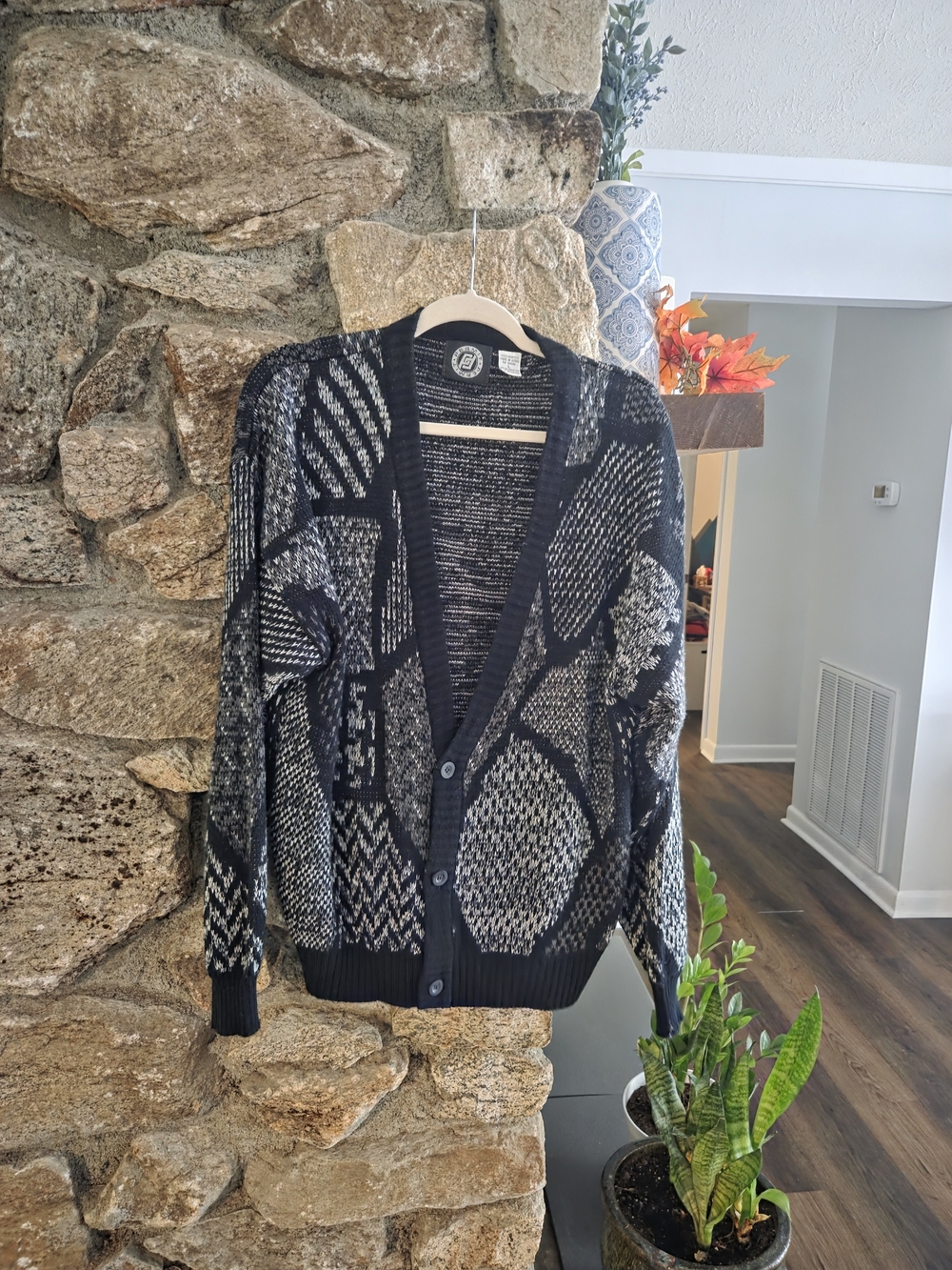 Vintage Men's Black & Gray Patterned Button-Front Cardigan Sweater
